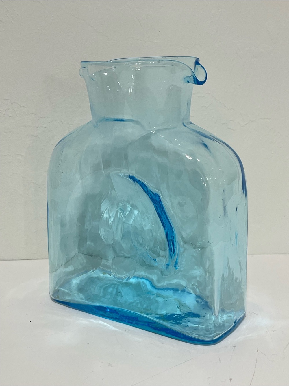 Vintage Blenko Ice Blue Art Deco Double Spout Water Pitcher Carafe Dispenser